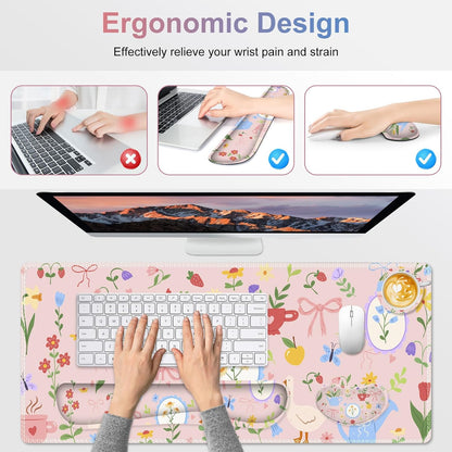Large Gaming Mouse Pad Set, Adorable Style 4 in1 Ergonomics Keyboard Desk Mat with Memory Foam Wrist Rest, Extended Game Mousepad, Non-Slip Desk Pad Matt Easy Typing Pain Relief I Pink Girly