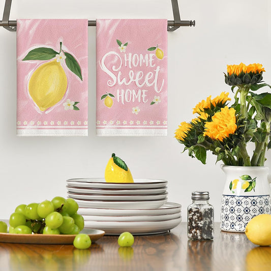 Artoid Mode Pink Lemons Leaves Flowers Summer Kitchen Towels Dish Towels, 18x26 Inch Farmhouse Spring Decoration Cleaning Set of 4