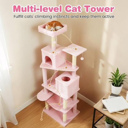 Tangkula Pink Cat Tree for Indoor Cats, 75 Inch Extra Tall Cat Tower with Sisal Scratching Post, Padded Top Perch, Dual Condos, Hammock, 2 Dangling Balls, Platforms, Multi-level Cat Climbing Furniture
