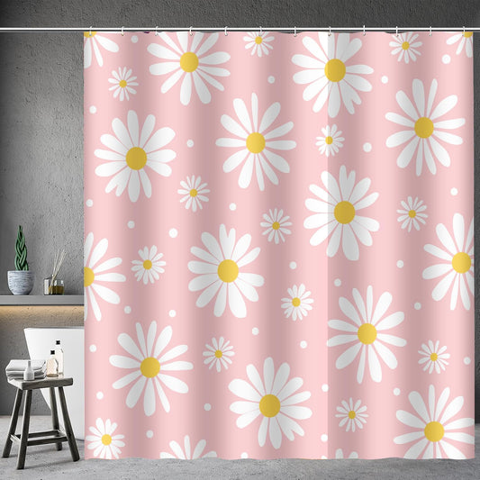 Hot Pink Floral 72x72 Shower Curtain Set Cute Daisy Girly Bath Curtain Washable Polyester Fabric Shower Curtains With 12 Hooks Modern Aesthetic Decor Colorful White Yellow Flower Bathroom Accessories