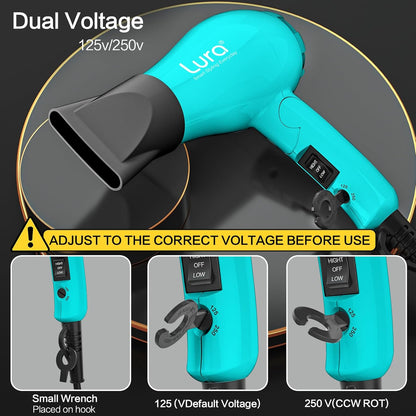Foldable Travel Hair Dreyr Mini:Dual Voltage Lightweight Blow Dryer with Pouch,1200w Compact Pink Small Hair Dryer for Acrylic Paint Pouring(Turquoise Green)