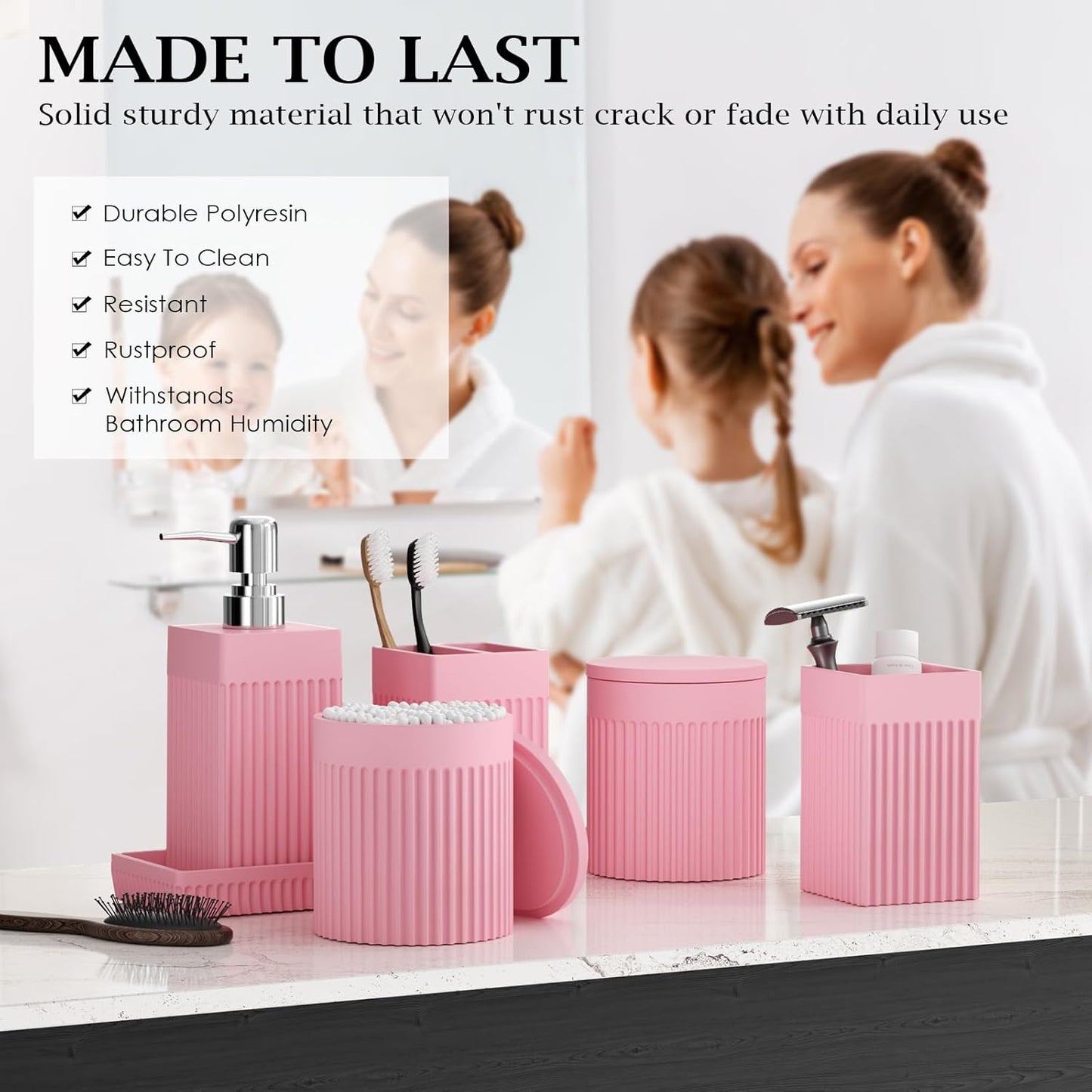6-Piece Pink Bathroom Set - Sleek Resin Bathroom Accessories Set with Soap Dispenser, Toothbrush Holder, Vanity Tray, Tumbler & Apothecary Jars for Small Spaces