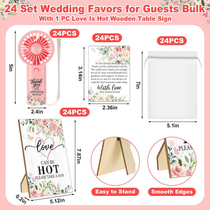 24 Set Wedding Mini Fans for Guests Portable Handheld Fans Thank You Cards Organza Bags with 1 Pcs Love Is Hot Wooden Table Sign Bridal Shower Favors for Summer Wedding Outdoor(Pink Rose)