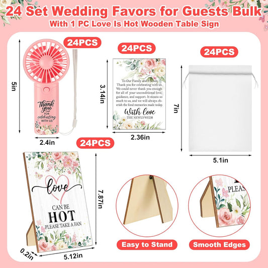 24 Set Wedding Mini Fans for Guests Portable Handheld Fans Thank You Cards Organza Bags with 1 Pcs Love Is Hot Wooden Table Sign Bridal Shower Favors for Summer Wedding Outdoor(Pink Rose)