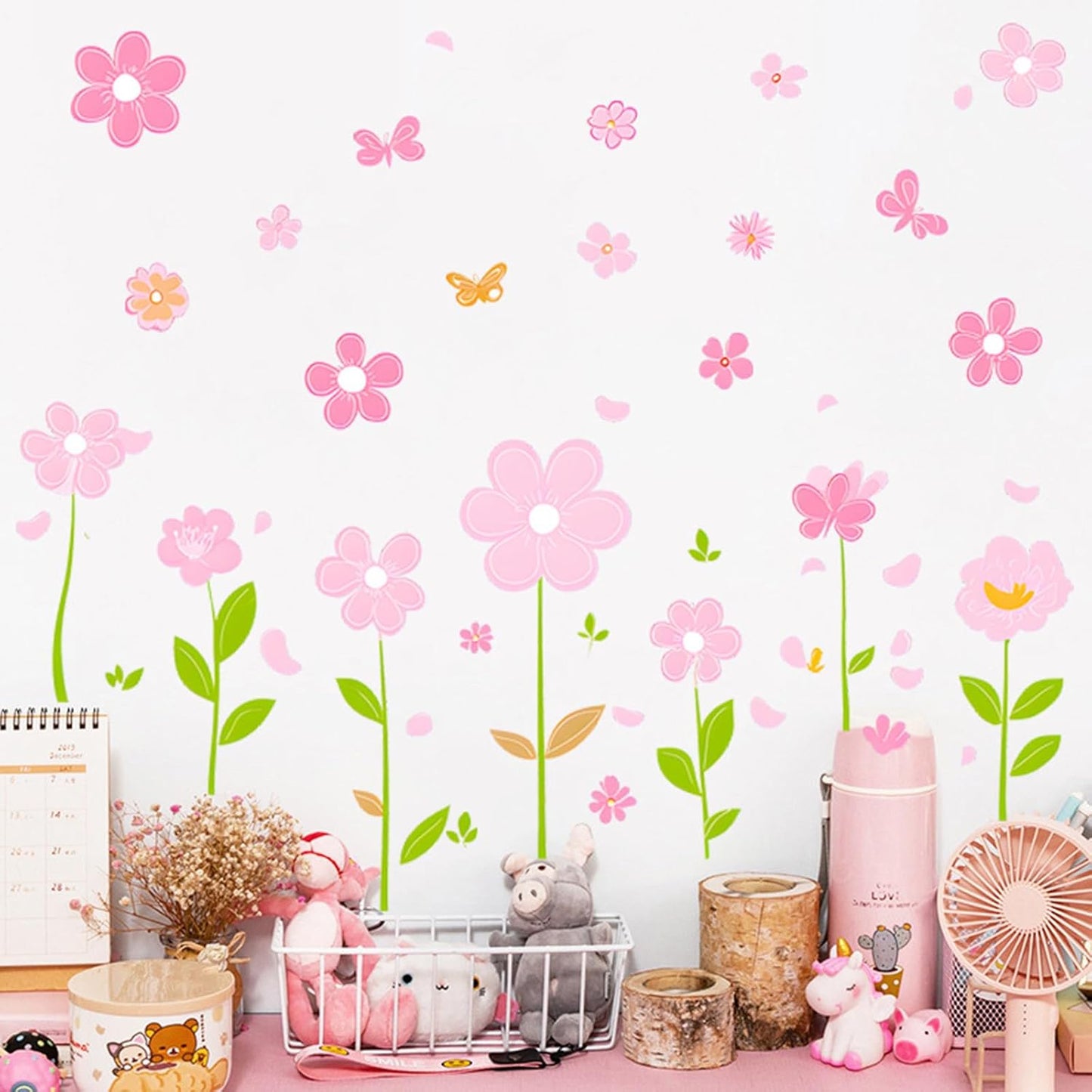 Pink Flower Wall Decals Butterfly Daisy Wall Stickers PVC Floral Decor for Girls Bedroom Living Room Nursery Kids Room