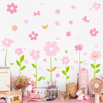 Pink Flower Wall Decals Butterfly Daisy Wall Stickers PVC Floral Decor for Girls Bedroom Living Room Nursery Kids Room
