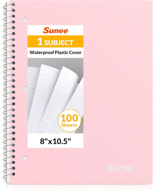 SUNEE Spiral Notebook, 1-Subject, Wide Ruled Paper, 8" x 10-1/2", 100 Sheets per Notebook, 3-Hole Punched Paper, Water Resistant Cover, Double-sided Pockets, Spiral Lined Notebooks for School, Pink