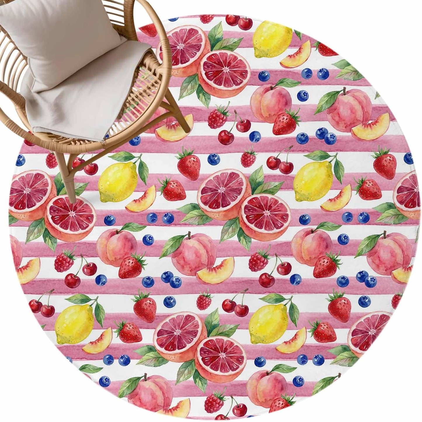 3ft Soft Round Area Rugs Summer Peach Lemon Grapefruit Indoor Carpet for Living Room Bedroom Nursery Washable Circle Floor Mats Blueberry Strawberry Pink Stripe Decor
