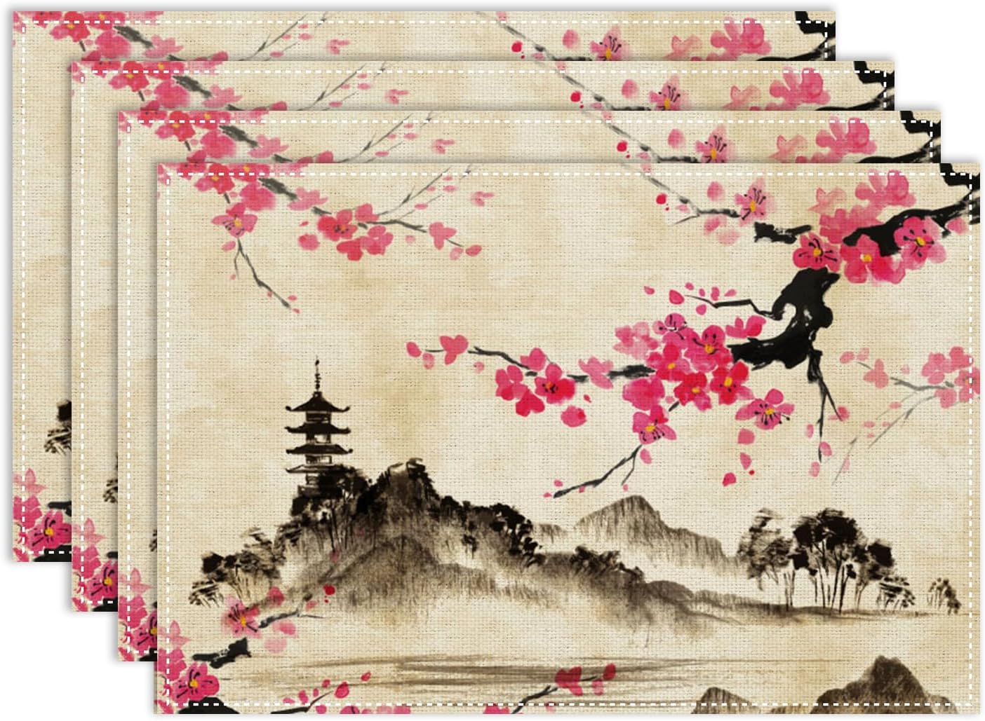 Chinese Placemat,12x18 Inch Set of 4, Pink Cherry Blossom Japanese Asian Ink Painting Landscape Anime Nature Oriental Coffee Table Mats Home Outdoor Party Kitchen Dining Table Decoration