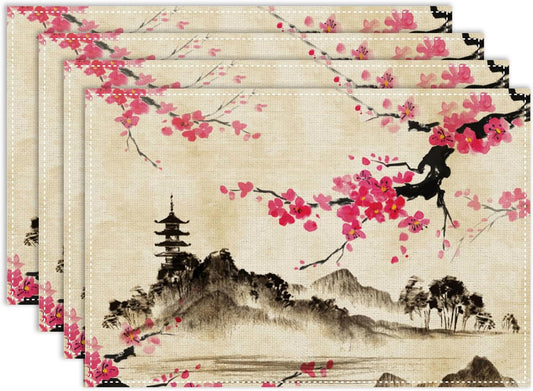 Chinese Placemat,12x18 Inch Set of 4, Pink Cherry Blossom Japanese Asian Ink Painting Landscape Anime Nature Oriental Coffee Table Mats Home Outdoor Party Kitchen Dining Table Decoration
