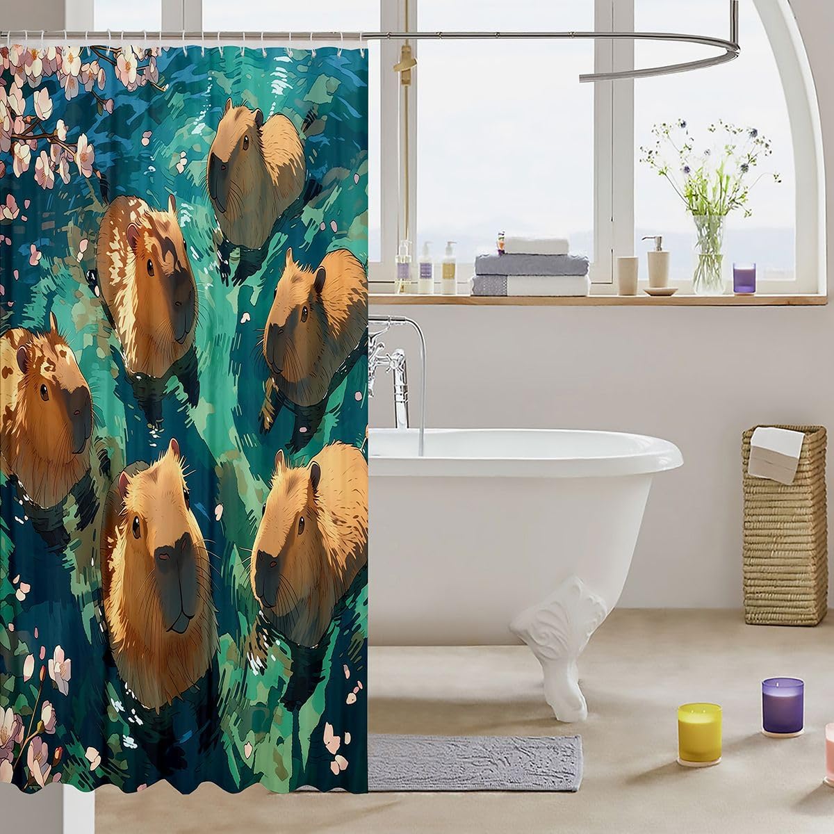 Erosebridal Funny Capybaras Shower Curtain 72" W X 72" L Pink Cherry Blossom Petals Bath Curtain Cute Wildlife Animals Bathroom Accessories for Kids Adults Teal Ombre Fabric Shower Curtains