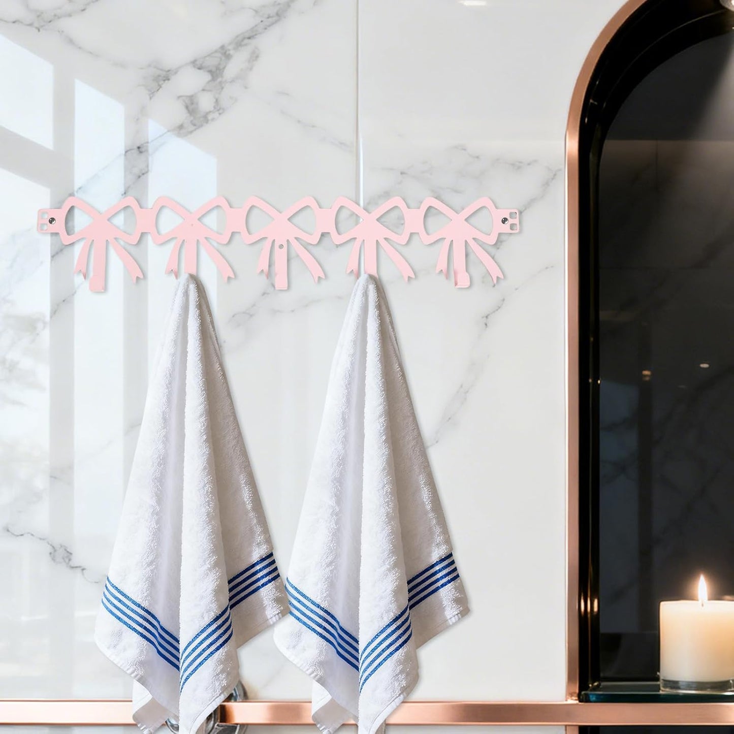 Pink Bow Over The Door Hooks, 5 Hooks Cute Wall Mount Towel Rack Organizer Farmhouse Rustic Coquette Bow Knot Towel Hat Clothes Storage Hanger for Bedroom Bathroom Decor