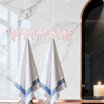 Pink Bow Over The Door Hooks, 5 Hooks Cute Wall Mount Towel Rack Organizer Farmhouse Rustic Coquette Bow Knot Towel Hat Clothes Storage Hanger for Bedroom Bathroom Decor