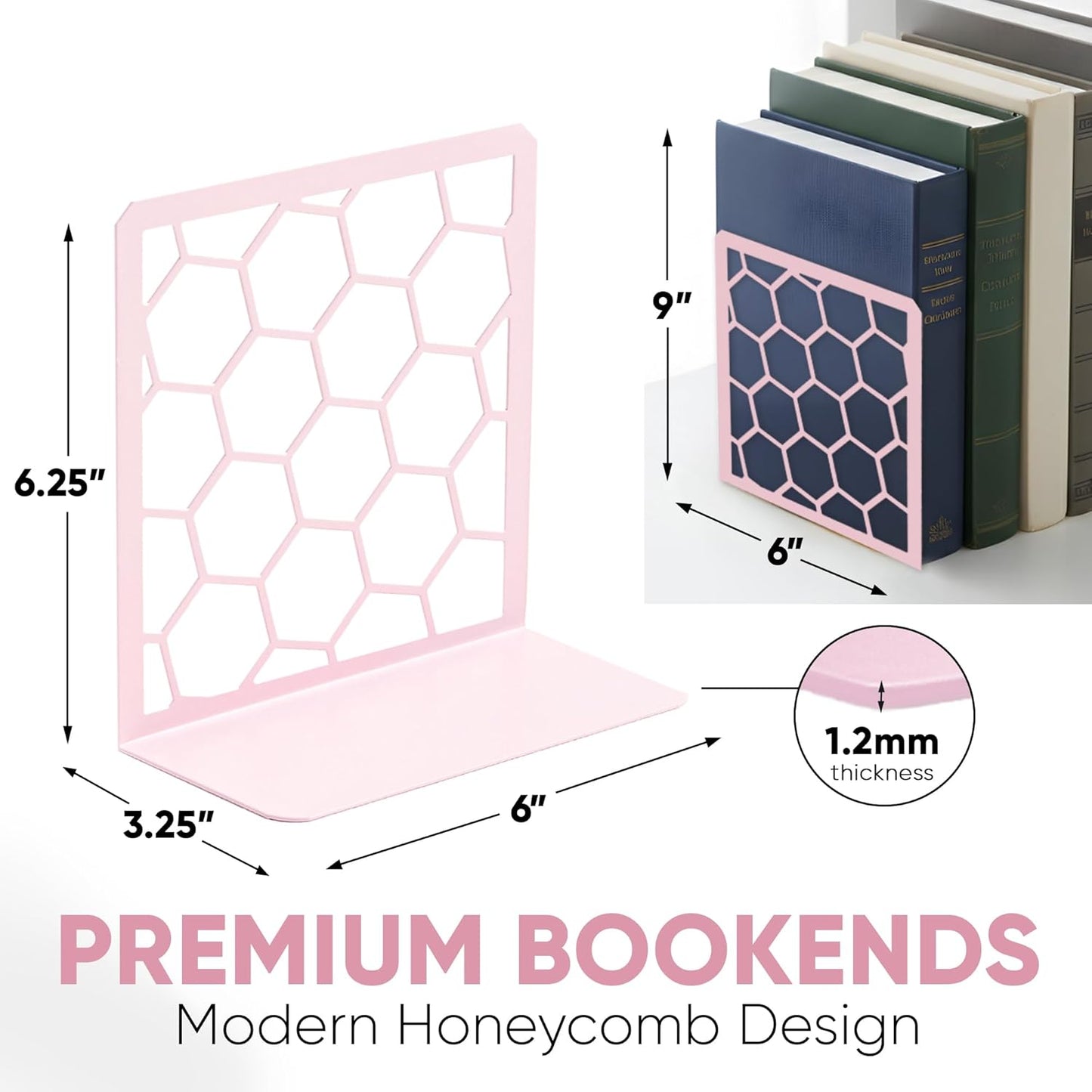 GEOMOD Geometric Honeycomb Pink Metal Bookends Decorative - Tall Sturdy Book Ends for Shelves - Modern Heavy Duty Bookend Stopper - Office or Home Book Shelf Book Holder - 6x3.25x6.25 Inches - 1 Pair
