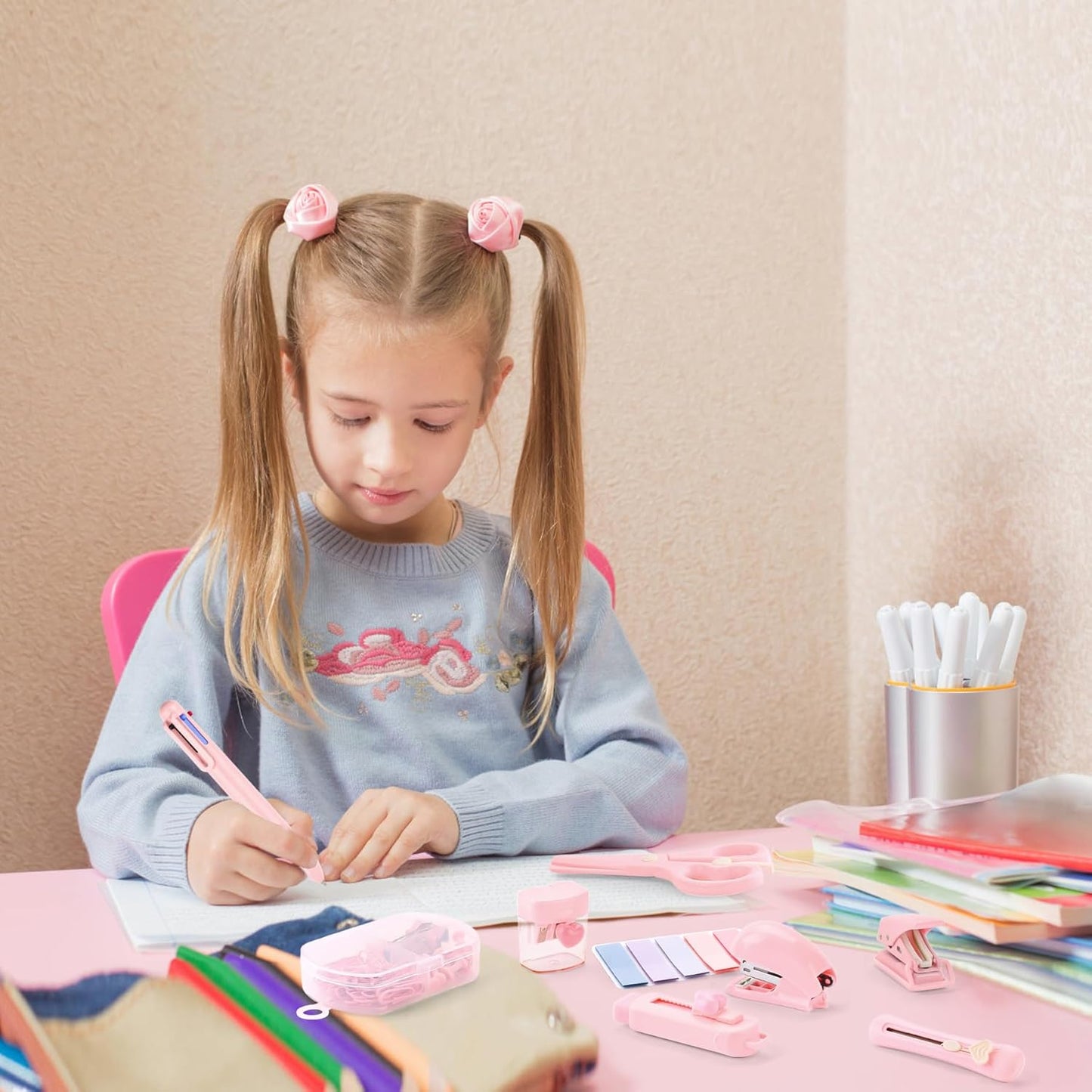 Pink Mini Office Supply Kit Mini School Supplies Desk Accessory Set Includes Mini Stapler Pencil Sharpener Staple Remover Hole Punch Ballpoint Pen Scissor Box Cutter Paper Clips Sticky Index Tabs
