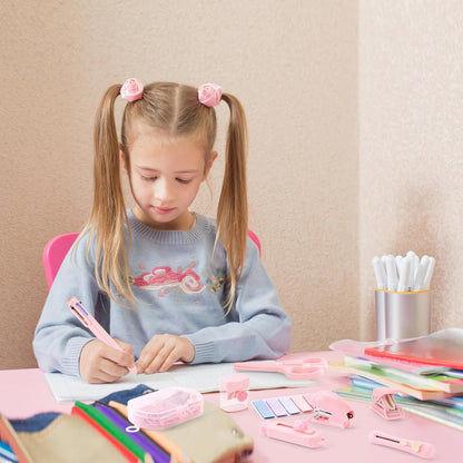 Pink Mini Office Supply Kit Mini School Supplies Desk Accessory Set Includes Mini Stapler Pencil Sharpener Staple Remover Hole Punch Ballpoint Pen Scissor Box Cutter Paper Clips Sticky Index Tabs