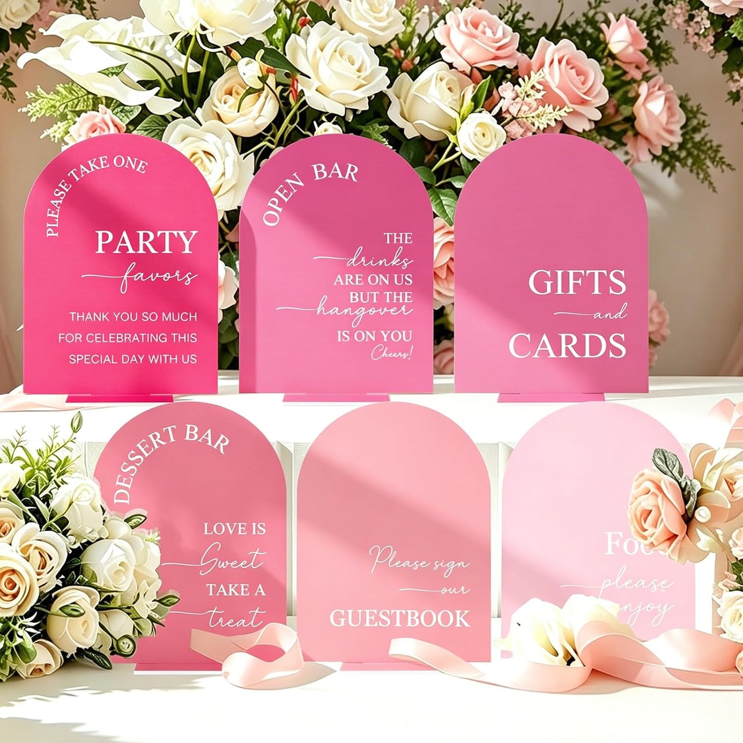 Whaline 6 Pcs Acrylic Wedding Signs 5x7" Pink Arched Table Signs with Stands for Wedding Ceremony Reception Open Bar Guest Book Dessert Bar Gifts & Cards Party Favors Food Sign