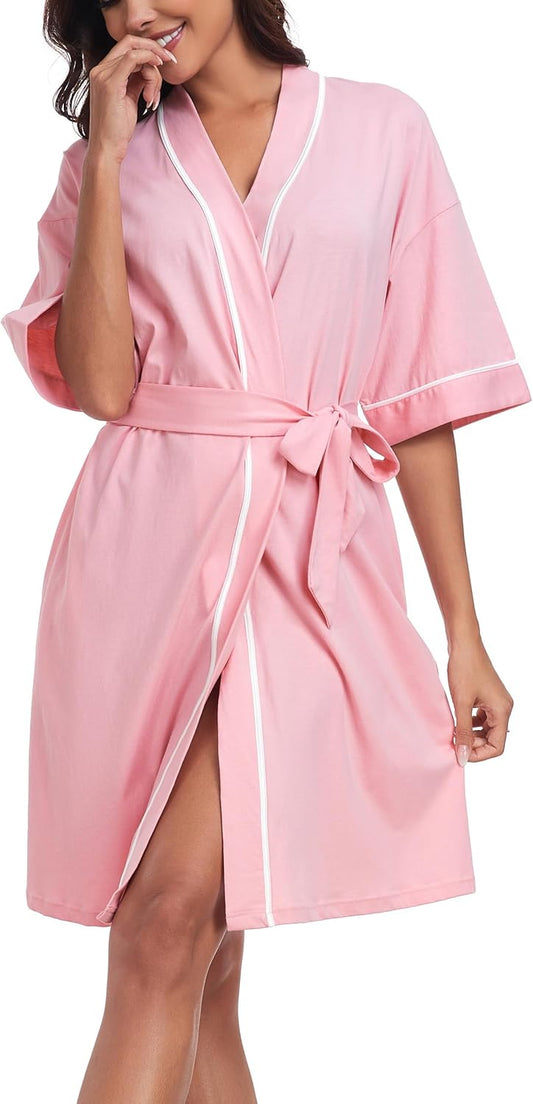 ANLIQI Womens 100% Cotton Robes Lightweight Summer Short Sleeve Lady Bathrobe Knee Length Kimono Robe Sleepwear with Pockets
