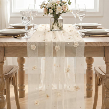 Artoid Mode Flower Pearl Peach Gauze Table Runner 10FT, Seasonal Sheer Dining Holiday Wedding Birthday Baby Shower Table Decor for Home Party