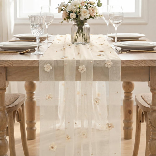Artoid Mode Flower Pearl Peach Gauze Table Runner 10FT, Seasonal Sheer Dining Holiday Wedding Birthday Baby Shower Table Decor for Home Party