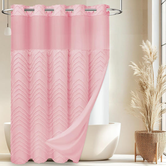 WONICY Long No Hook Shower Curtain with Snap in Liner, Tufted Chevron Striped Shower Curtain Set for Bathroom, Boho Waterproof and Washable Shower Curtains, 71Wx80H, Pink