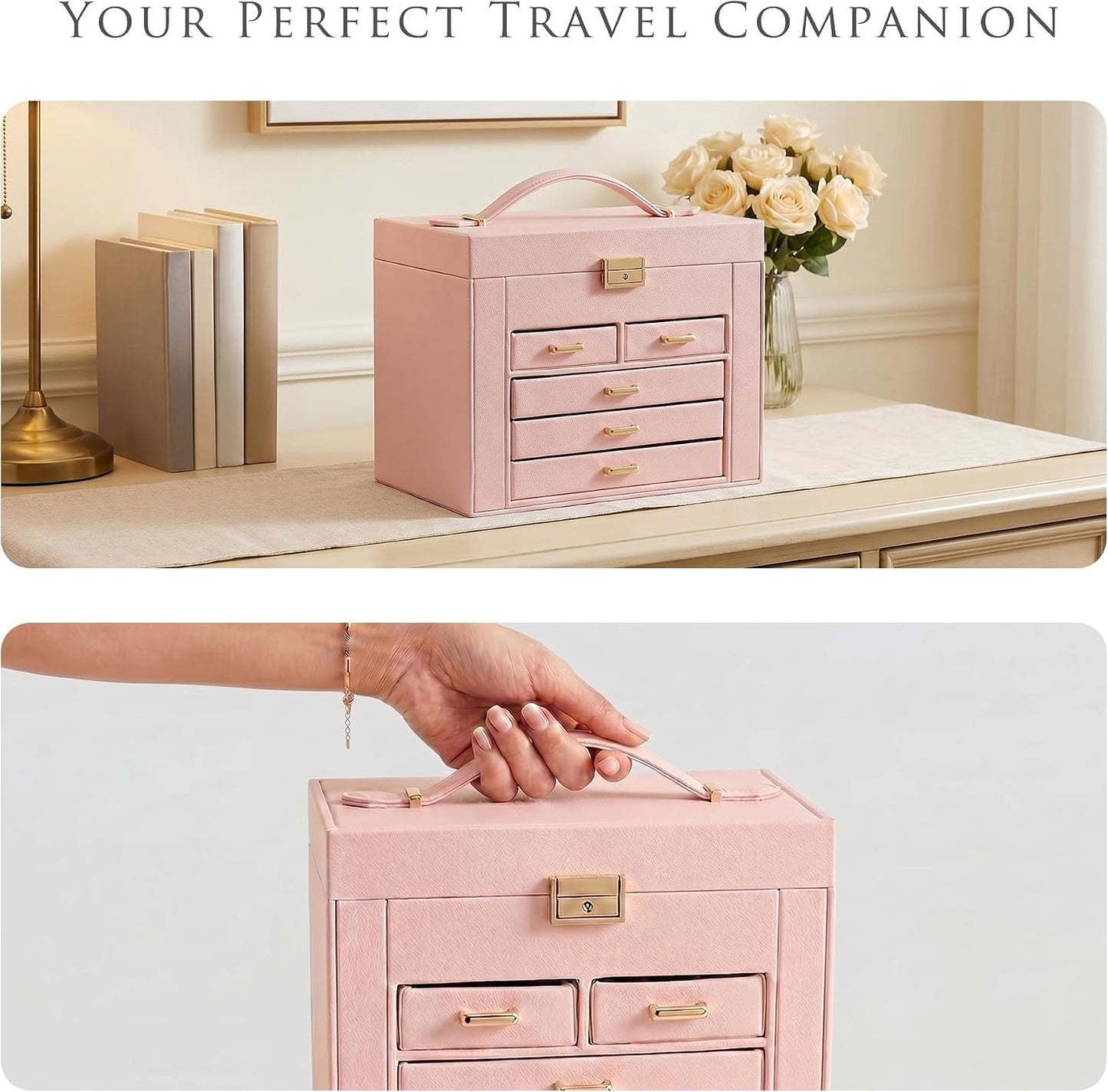 Jewelry Box with Travel Case, PU Leather 5-Layer Jewelry Organizer with Mirror & Lock, Velvet Lining Jewelry Storage for Women, Dresser Top Portable Jewelry Case, Gift for Women (Pink)