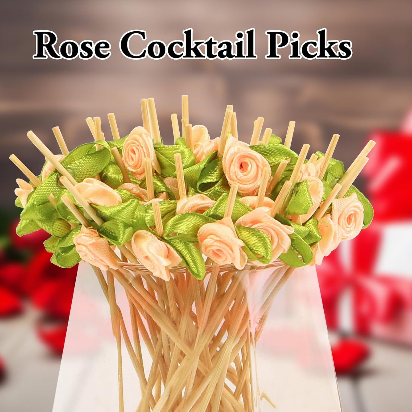 100pcs Pink Rose Flower Cocktail Picks 4.7 Inch, Valentine Decorations Toothpicks for Appetizers Bamboo Fruit Skewers Food Picks for Wedding Valentine Holiday Party Decoration (Pink)