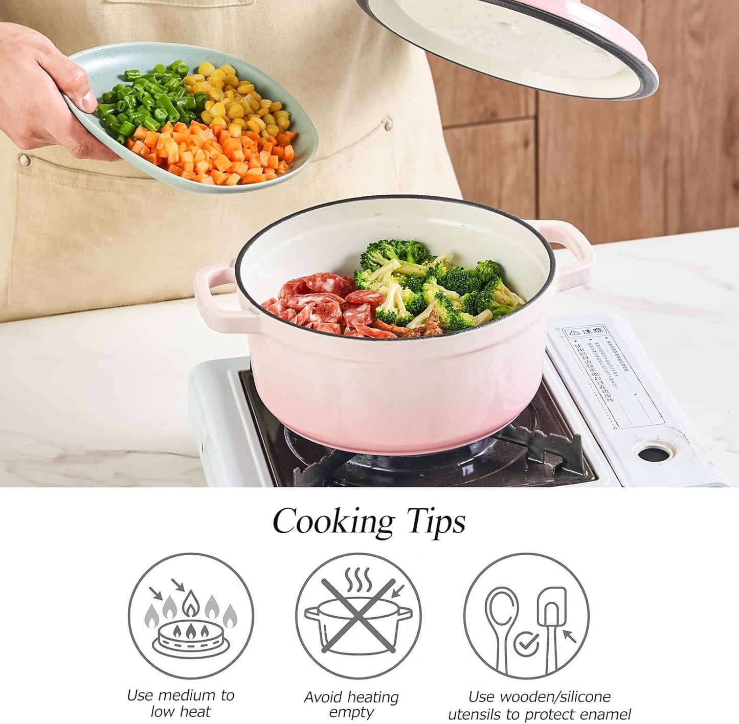 WANGYUANJI 3.3 Quart Enameled Cast Iron Dutch Oven with Lid, 8.7-Inch Heavy-Duty Casserole & Braiser Pan, Thick-Wall Construction, Silver Stainless Steel Knob, Gradient Pink, Safe for All Cooktops