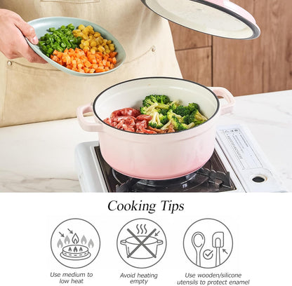 WANGYUANJI 3.3 Quart Enameled Cast Iron Dutch Oven with Lid, 8.7-Inch Heavy-Duty Casserole & Braiser Pan, Thick-Wall Construction, Silver Stainless Steel Knob, Gradient Pink, Safe for All Cooktops