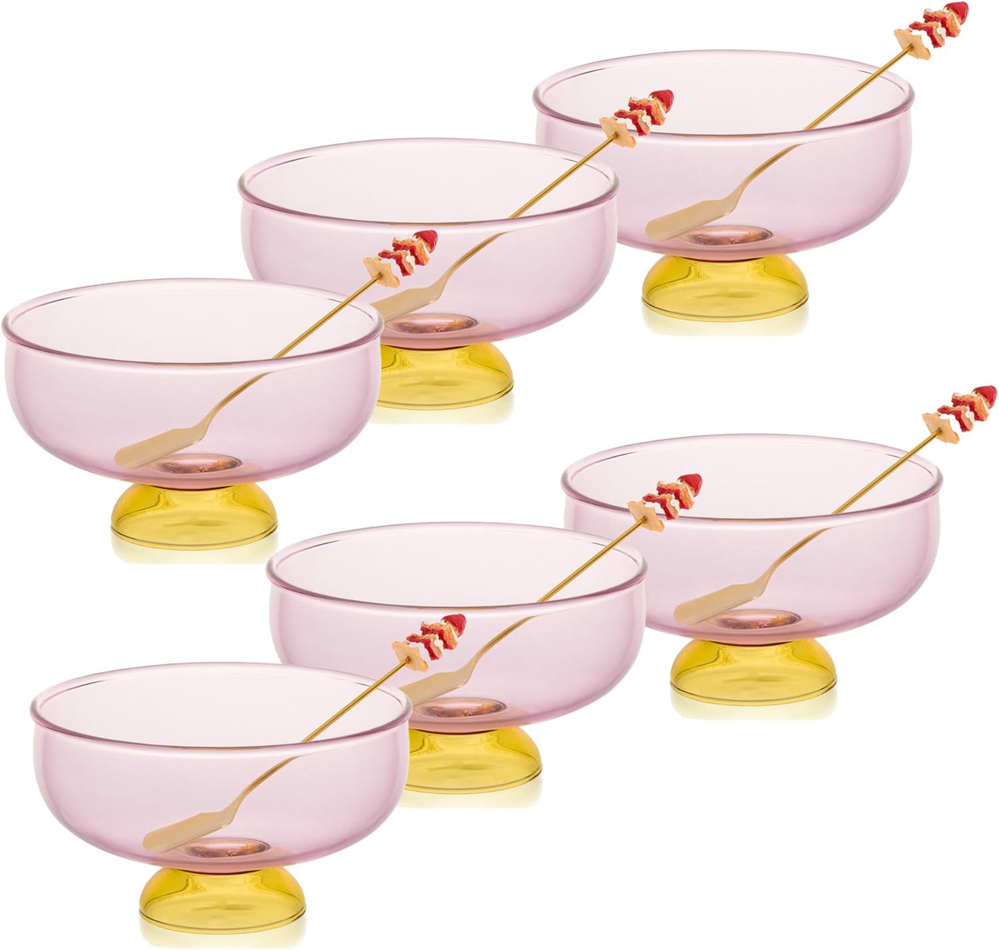 Pink Glass Dessert Bowls Set of 6 Ice Cream Bowl with 6 Gold-Plated Spoons Decorative Microwave Safe for Fruit,Snack,Candy Glass Bowl Set