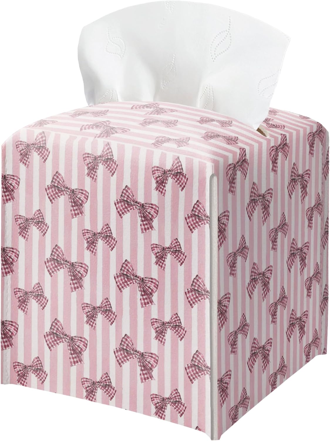 Pink Bow Tissue Box Holder, Pink Stripe Leather Tissue Box Cover Square with Bottom Belt, Facial Paper Organizer Dispenser Toilet Paper Holder for Bathroom Kitchen Office Home Decor-A24