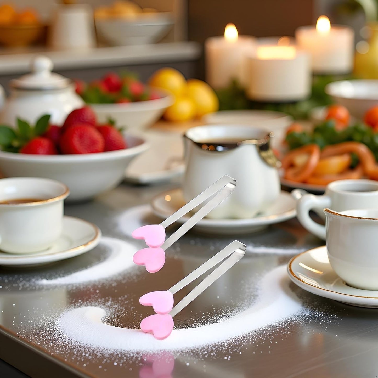 2Pcs Pink Mini Hand Shape Tong Silicone Food Tongs Stainless Steel Kitchen Tongs Small Kids for Sugar Cubes, Serving Food, Salad Buffet Cooking Utensils (Heart Shape)