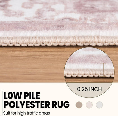 Washable 9x12 Area Rugs, Rugs for Living Room, Low-Pile Water&Stain Resistant Carpet Vintage Distressed Printed Non-Slip Carpet for Bedroom Bathroom Kitchen-Pink