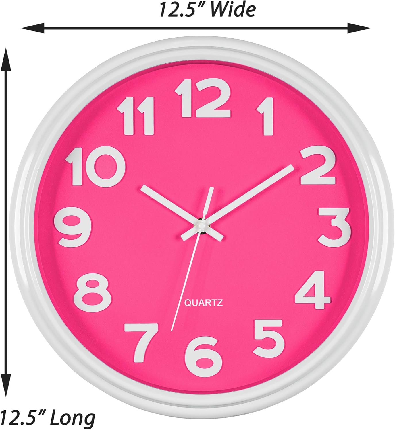 Bernhard Products Pink Wall Clock 12.5 Inch Silent Non-Ticking Modern Stylish Quartz Clocks for Home Kitchen Office Bedroom Girl's Room Nursery Kids School Classroom Battery Operated, Easy to Read