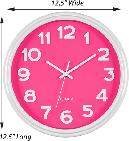 Bernhard Products Pink Wall Clock 12.5 Inch Silent Non-Ticking Modern Stylish Quartz Clocks for Home Kitchen Office Bedroom Girl's Room Nursery Kids School Classroom Battery Operated, Easy to Read