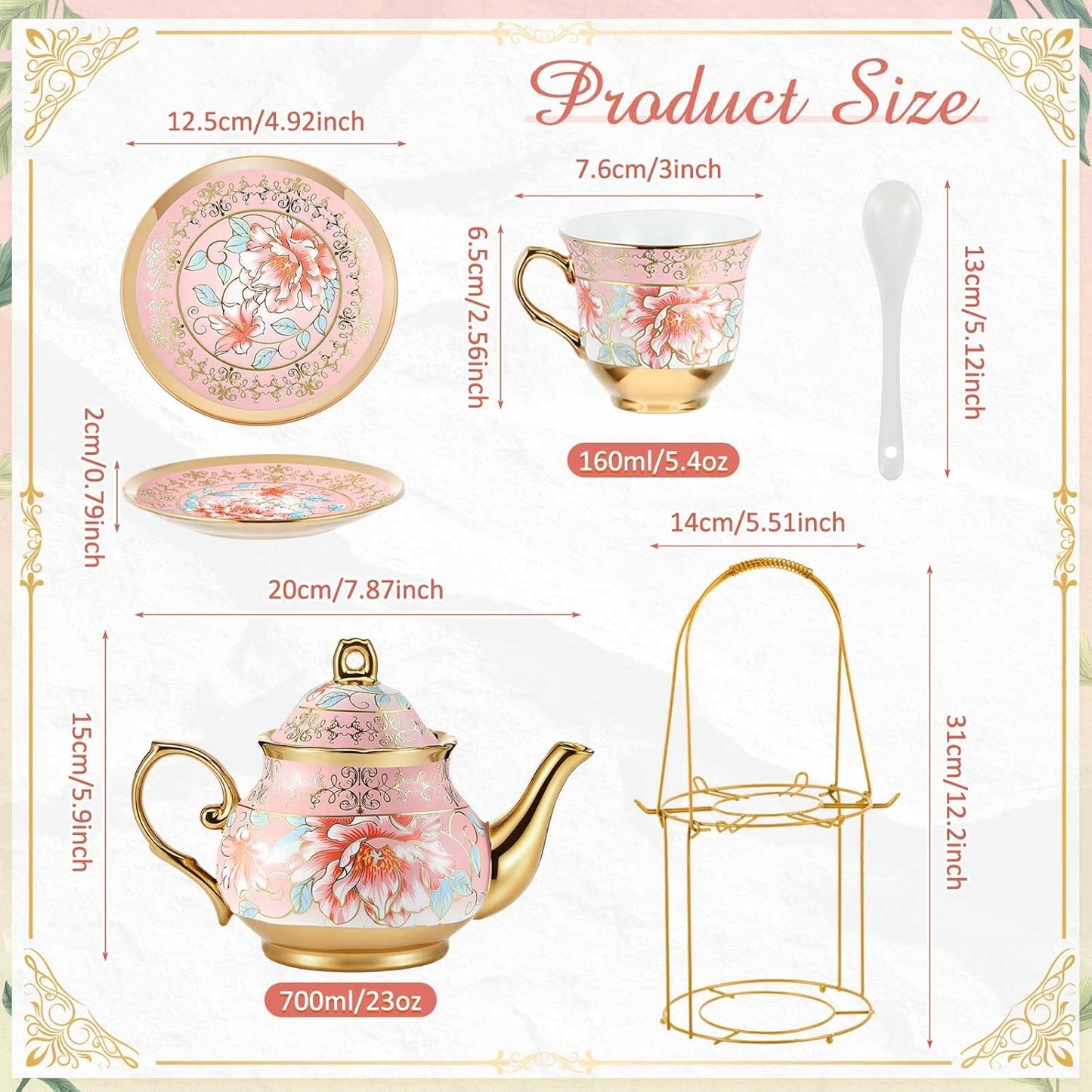 Zhehao 20 Pcs Porcelain Tea Set with Metal Holder and Spoon Adult Ceramic Tea Set European Flower Painting Teapot Cup Saucer Spoon for Women Mom Gift, Large Version (Pink Style)