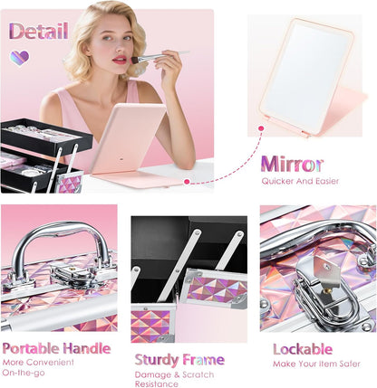 Faquenc Makeup Case with Lighted Mirror Travel Makeup Organizer Box 2 Trays Lockable Cosmetic Train Case with Movable LED Mirror for Girls Make Up Nail Kits Sewing Vanity Storage Case Shiny Pink