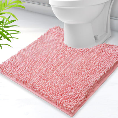 U-Shaped Toilet Rug, Chenille Contour Bathroom Mat, Non-Slip PVC Backing, Machine Washable, 20x20, Pink