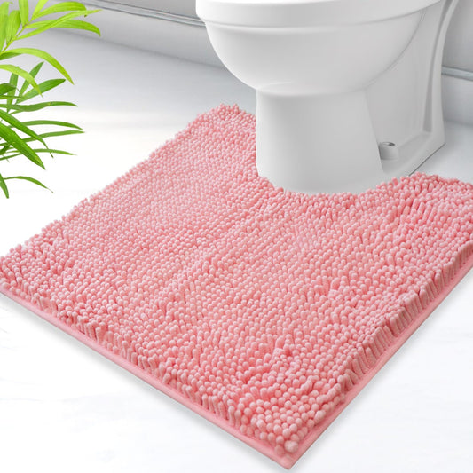 U-Shaped Toilet Rug, Chenille Contour Bathroom Mat, Non-Slip PVC Backing, Machine Washable, 20x20, Pink