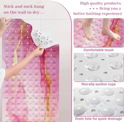 Marble Bath Tub Mat Non Slip, Pink Marble Non Slip Bath Mat for Shower, Large Washable Shower mats for Showers with Drain Holes and Suction Cups,40 X 16 Inch