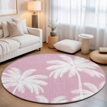 Round Area Rugs 4Ft, Peach Pink Palm Tree Non-Slip Washable Circle Rugs Carpet, Summer Botancial Tropical Farmhouse Indoor Outdoor Rug Floor Mats Throw Runner for Bedroom Living Room Bathroom