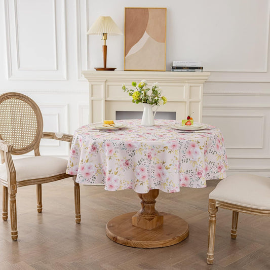 Joyfol Day Flower Tablecloth, Pink Floral Table Cloth for Round Tables,Waterproof Resistant Rose Table Cover for Valentines,Parties,Wedding Use Spring/Summer (60 Inch Round)