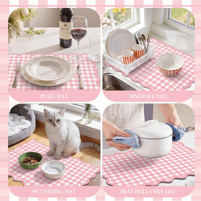Scalloped Gingham Coffee Mat 12" x 20" Absorbent Coffee Bar Mat Gingham Espresso Matt for Counter(Pink)