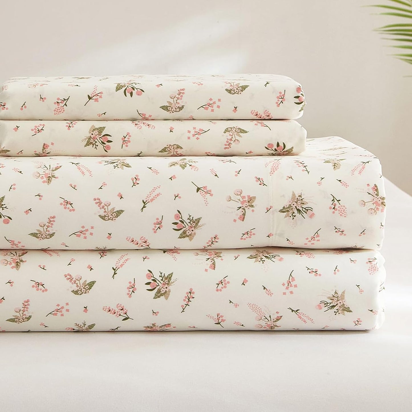 HighBuy Queen Bed Sheet Sets White 4 Piece - Vintage Pink Floral Sheets Set Queen - Luxury Soft Bedding Queen Bed Sheets,Extra Deep Pockets 16",Fitted Sheets and Pillowcases Set,Breathable