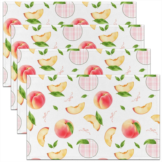 Castle Fairy Pink Peach Placemats Set of 4,Bowknot Leaves Fruit Table Place Mats for Kids Boys Girls,Food Theme Placemat Peachy Grid for Kitchen Dining Table Decoration 12"x18"