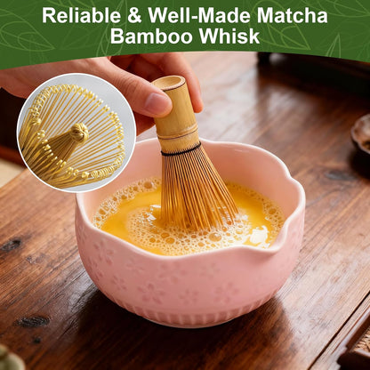 Matcha Set, 9 Pcs Ceramic Matcha Set Includes Bowl, Whisk and Holder, Bamboo Scoop, Scoop Rest, Sifter and Tea Towel ect- Complete Kit for Traditional Matcha, Modern Lattes (Pink)