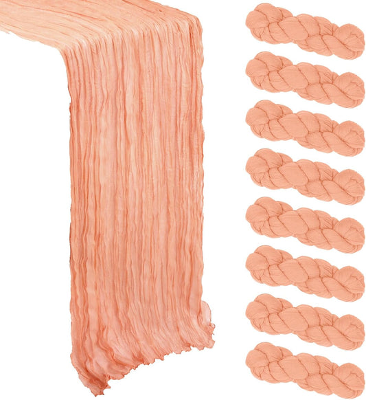 8 Pack Coral Cheesecloth Table Runner 10Ft Gauze Peach Cheese Cloth Table Runner 120 Inch Boho Sheer Rustic Fabric for Holiday Decor Bridal Baby Shower Wedding Decoration