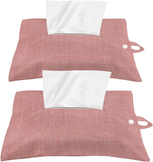 Tissues Box Cover Peach Pink Linen Tissue Holder with Hanging Linen Organizer Dispenser Farmhouse Pure Color Tissues Box Covers Rectangle for Bathroom Toilet Car Office Kitchen Tabletop Decor 2 PCS