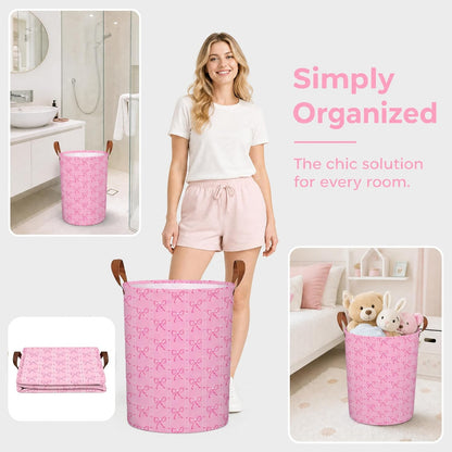 MYFLCOY Cute Bow Laundry Basket Collapsible Canvas Baby Nursery Gift hamper Teen Girls Coquette Bedroom Decor (Pink)