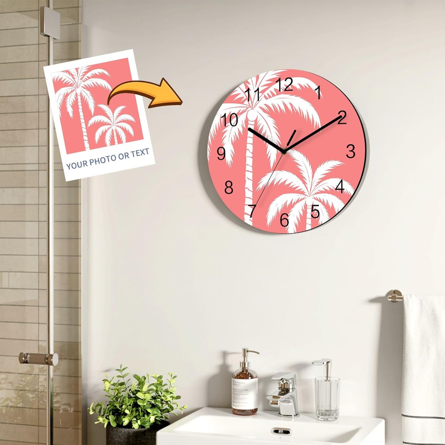 Coastal Palm Tree Wall Clock Battery Operated Non-Ticking 10" Round Wood Clocks, Tropical Plant Coral Pink Kitchen Wall Clock for School Bathroom Living Room Home Office Wall Decor